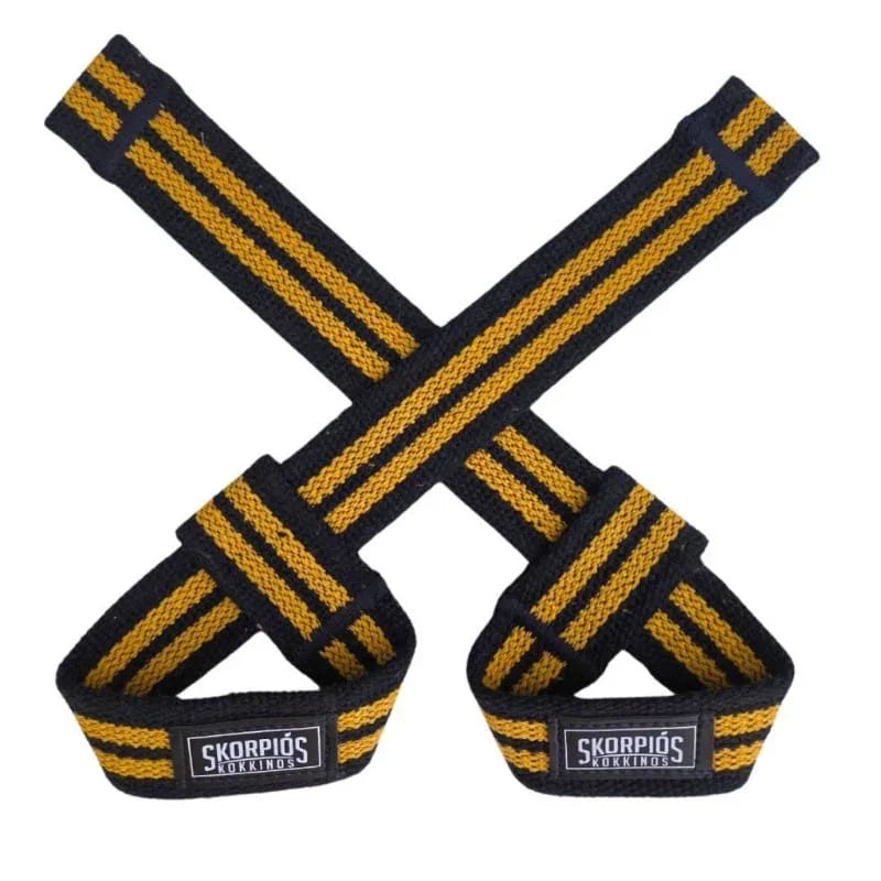 Strap de levantamento preto com listras amarelas, acessório para treino de força com pegada firme e durabilidade