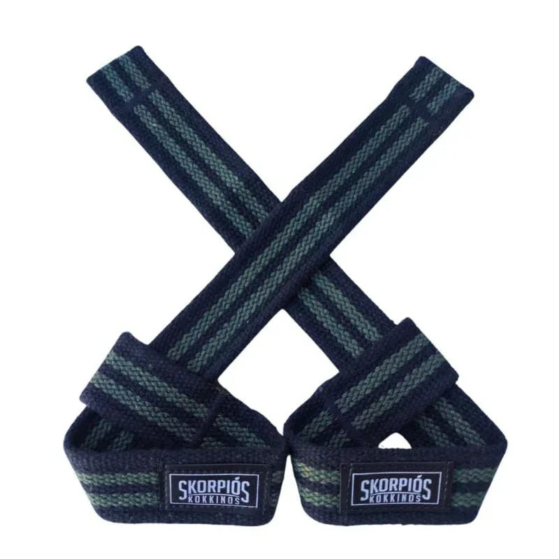 Strap de levantamento azul escuro com listras verdes, ideal para treino de força e segurança em puxadas pesadas