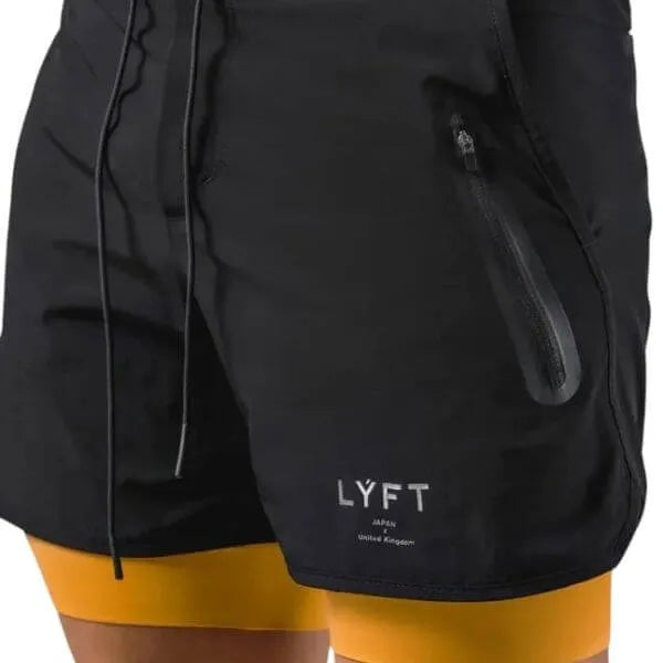 Short masculino preto com compressão amarela e zíper lateral, modelo LYFT com estilo esportivo e funcionalidade