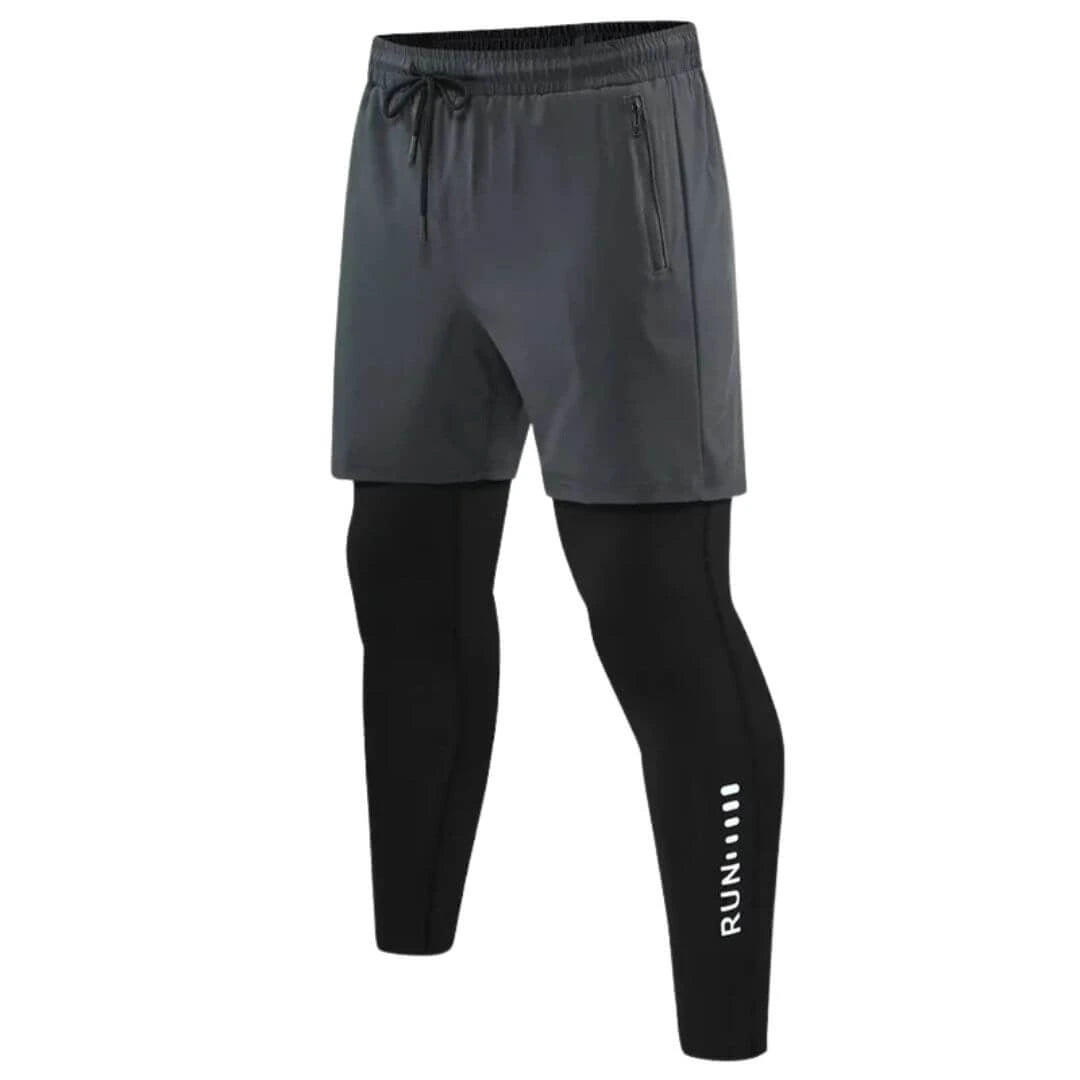 calça com um modelo de short, com bolsos, detalhe na panturrilha em branco, cor da calça preto, com short em cinza