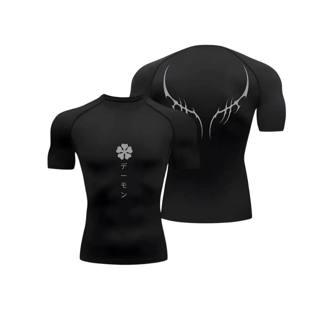 Camisa de compressão, com estampa de flor e escritas japonesas com detalhes nas costas, com da camisa em preto com detalhes em cinza.