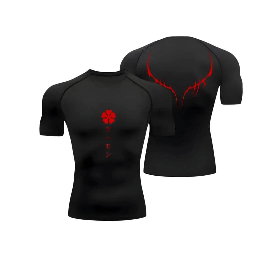 Camisa de compressão, com estampa de flor e escritas japonesas com detalhes nas costas, com da camisa em preto com detalhes em vermelhos.