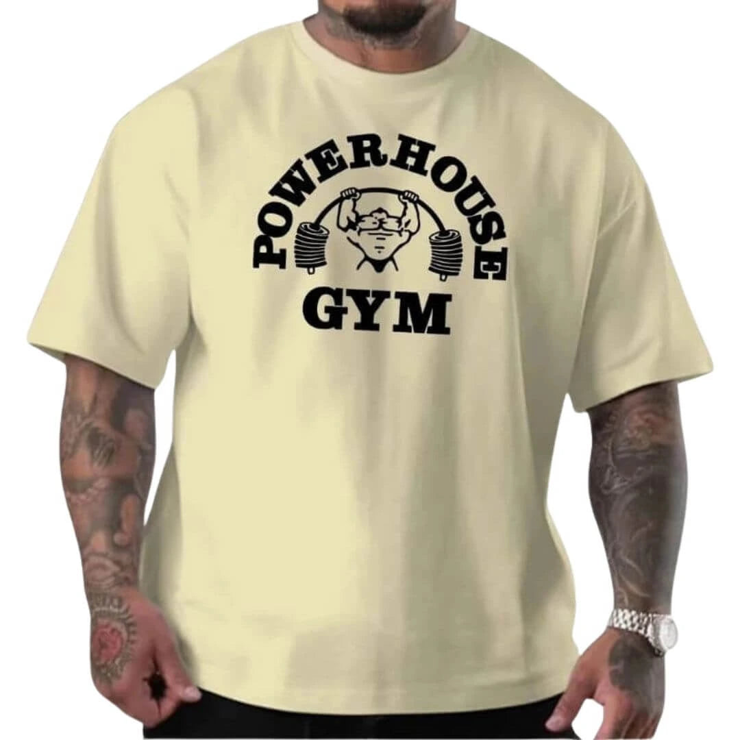 camisa masculina oversized, bege com estampa 