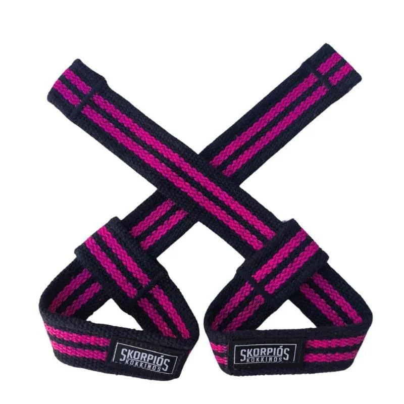 Strap de levantamento preto com listras rosa, acessório para musculação com alta resistência e suporte de pegada